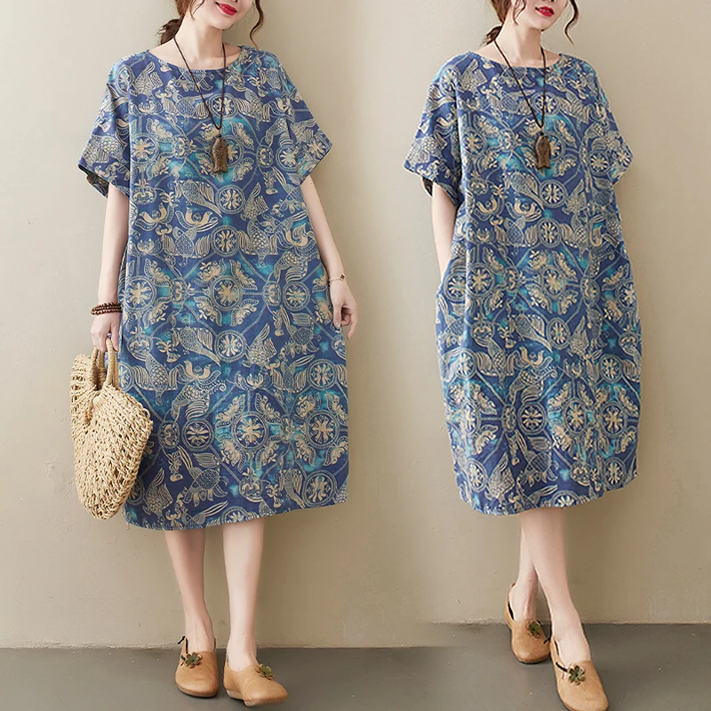 Stampa floreale in cotone e lino Batwing Sve round Ne Midi Dr plus Size Donna Comoda vestibilità ampia Estate Dr