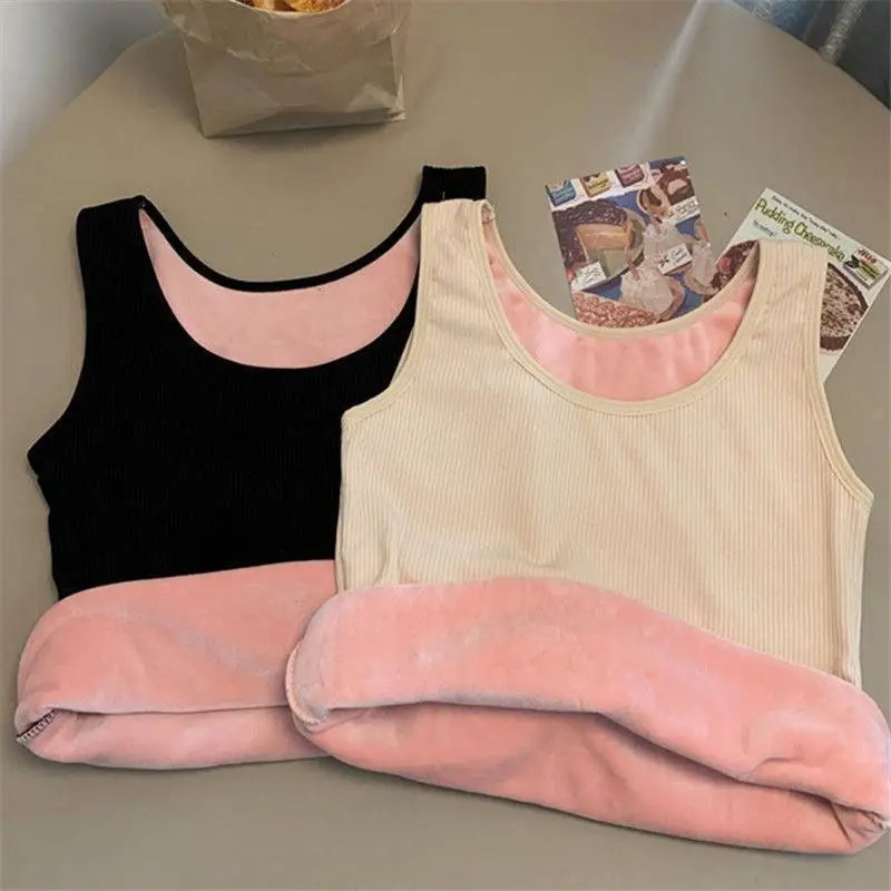 Camiseta térmica de invierno para mujer, sin costuras, con forro de terciopelo, sin mangas, chaleco cálido, camiseta interior para mujer, de color liso, lencería sexy.