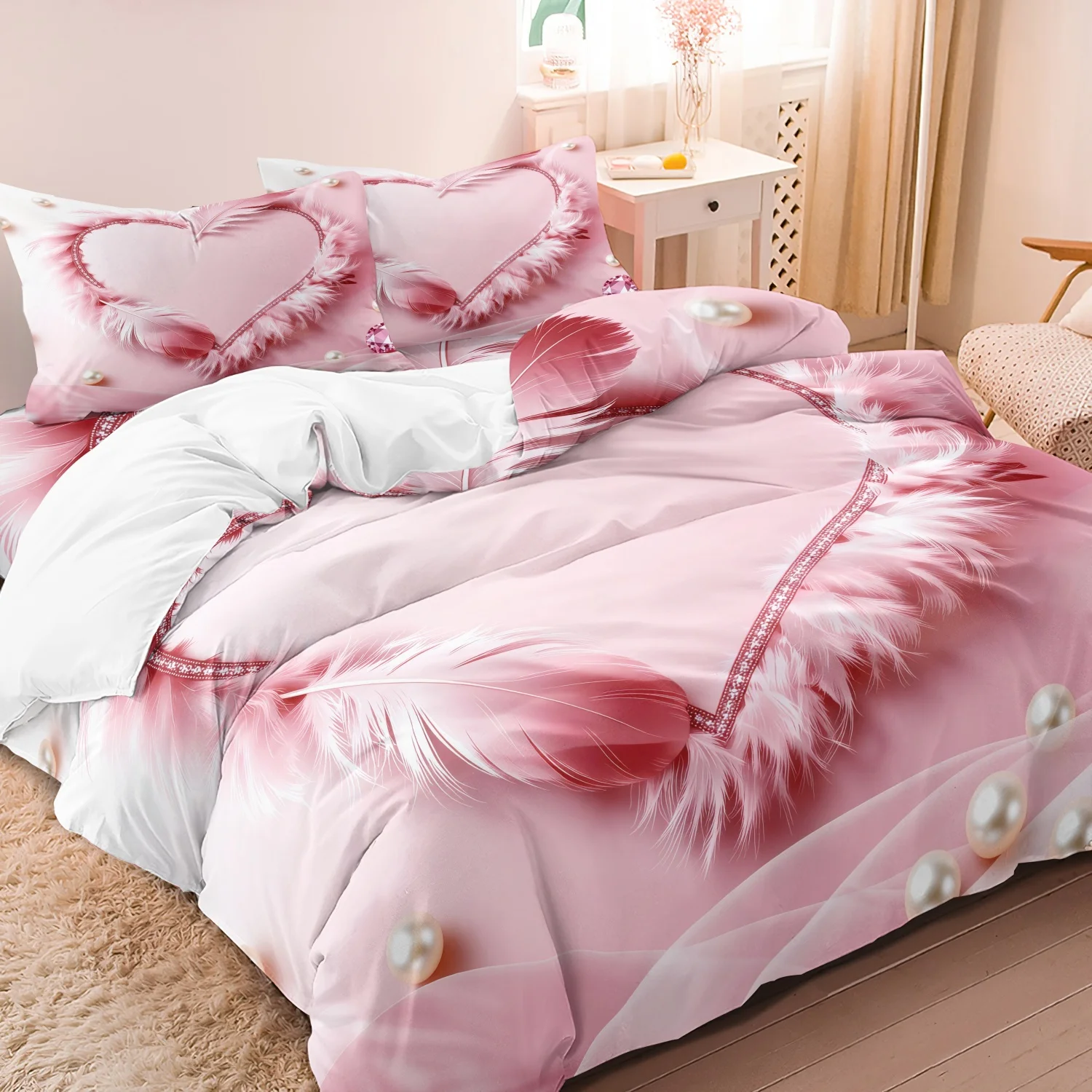 

Комплект из 3 предметов: пододеяльник с розовыми перьями, жемчугом и стразами в форме сердца ко Дню святого Валентина, подходит для всех сезонов и комфортен для пар.