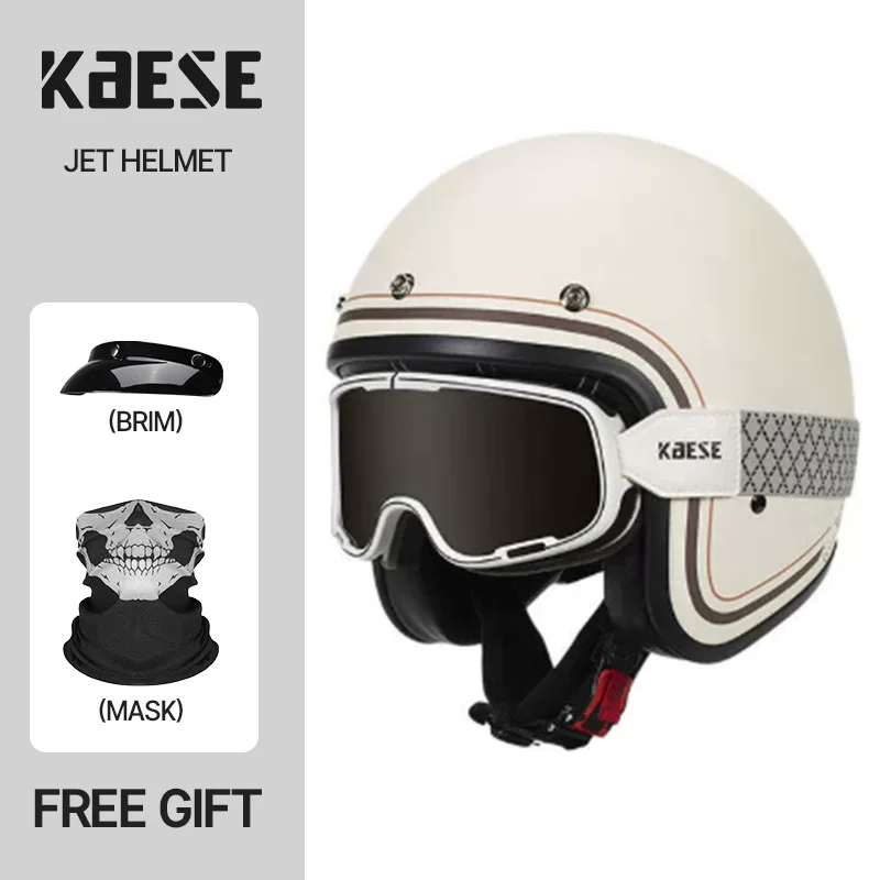 Large Frame Goggles Compatible 3/4 Open Face Motorcycle Helmet ABS Milky Line Paint Shell Vintage Motorbike Safety Helmet