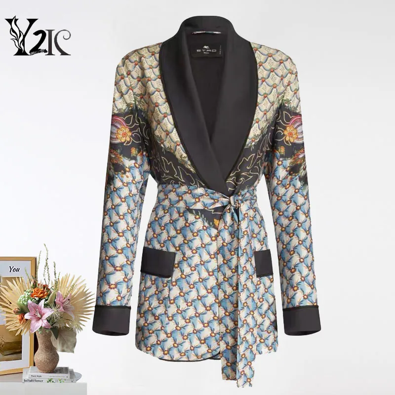 Y2K designer vintage floral print notched blazer mujer chic runway Thin style fashion luxury jacket womens clothing voat outwear