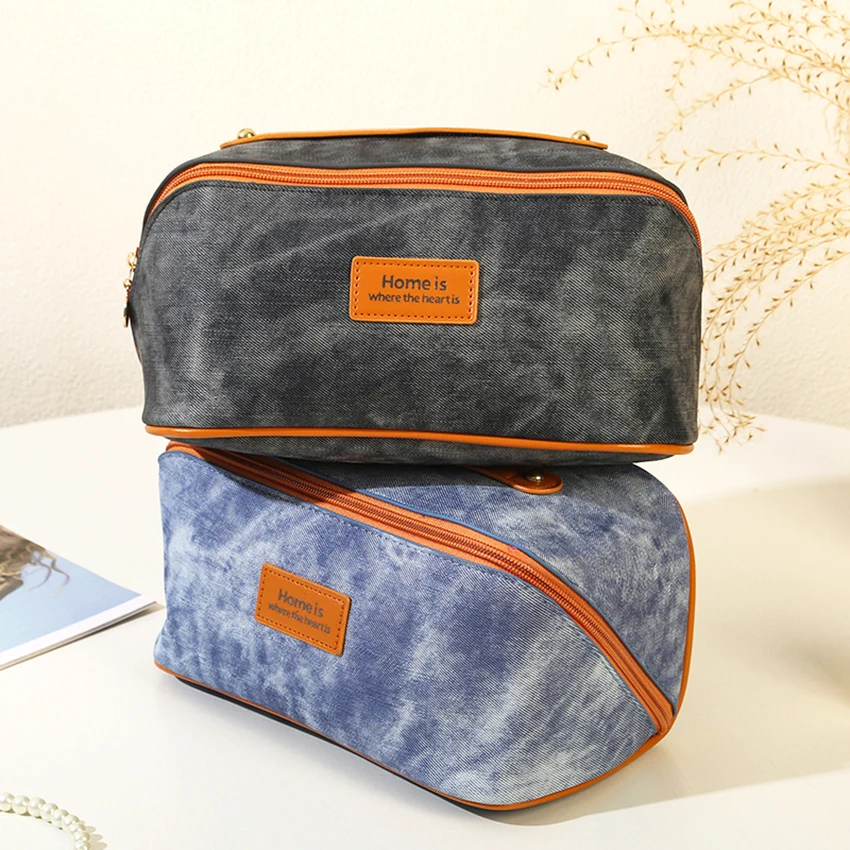 Новая джинсовая текстурированная косметичка большой емкости, дорожная сумка для туалетных принадлежностей, водонепроницаемый винтажный органайзер для макияжа, чехол на молнии