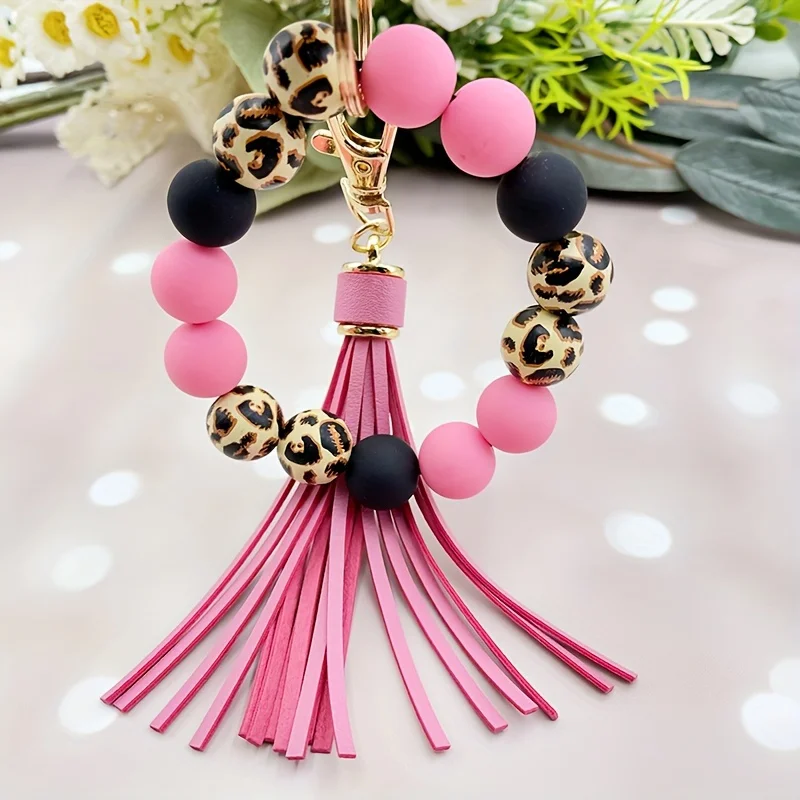 Leopard Print Acrylic Bead Bracelet, with PU Leather Tassels AndKeychain Bag Pendant, Women\'s Car Wrist Keyring