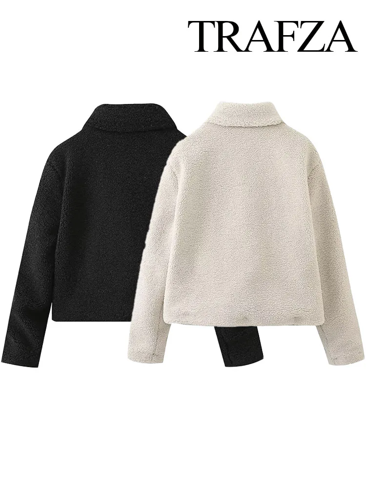 TRAFZA Women New Fashion Coats Solid Turn-Down Collar Long Sleeves Pockets Single Breasted Female Winter Casual Warm Coats