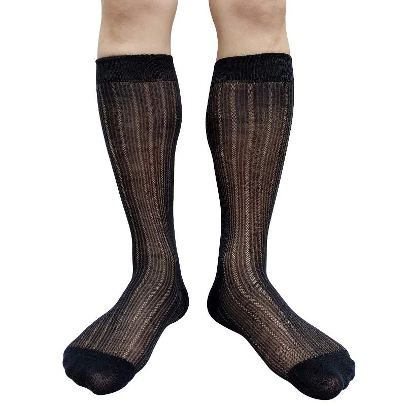 Knee High Mens Socks Formal Dress Suit Black Striped See Through Sexy Lingerie Mens Stocking Hose Business Wedding Gifts