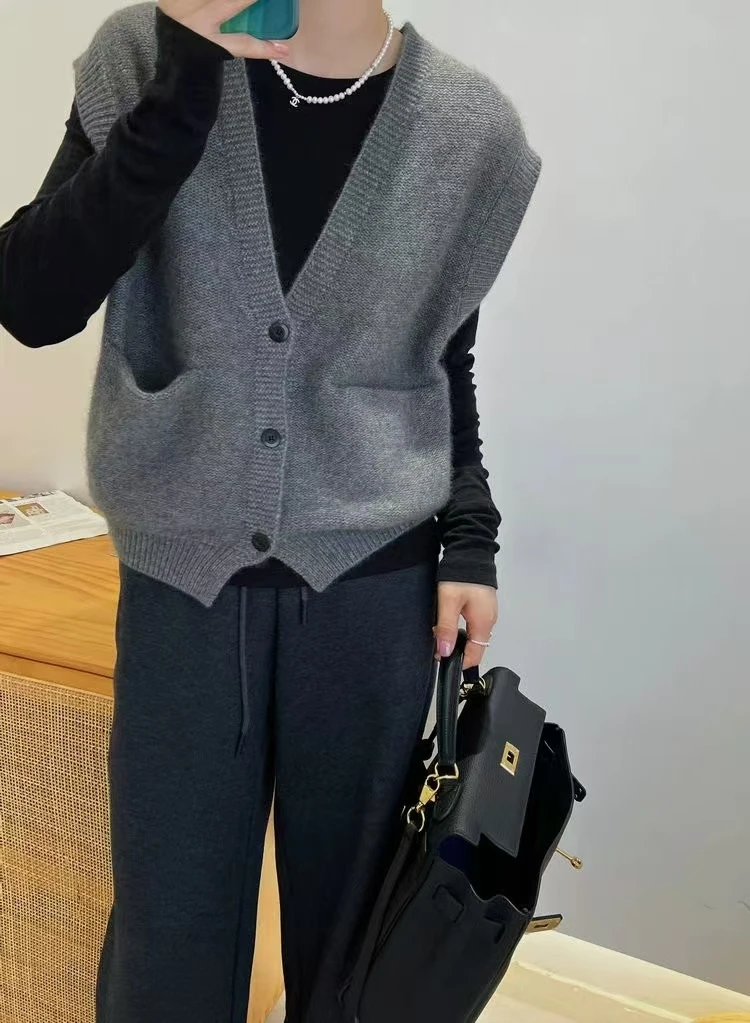 Korean Style Wool New Chic Women's Waistcoat Autumn Winter V-neck Sleeveless Cardigan Cashmere Knitwear Vest Sweater