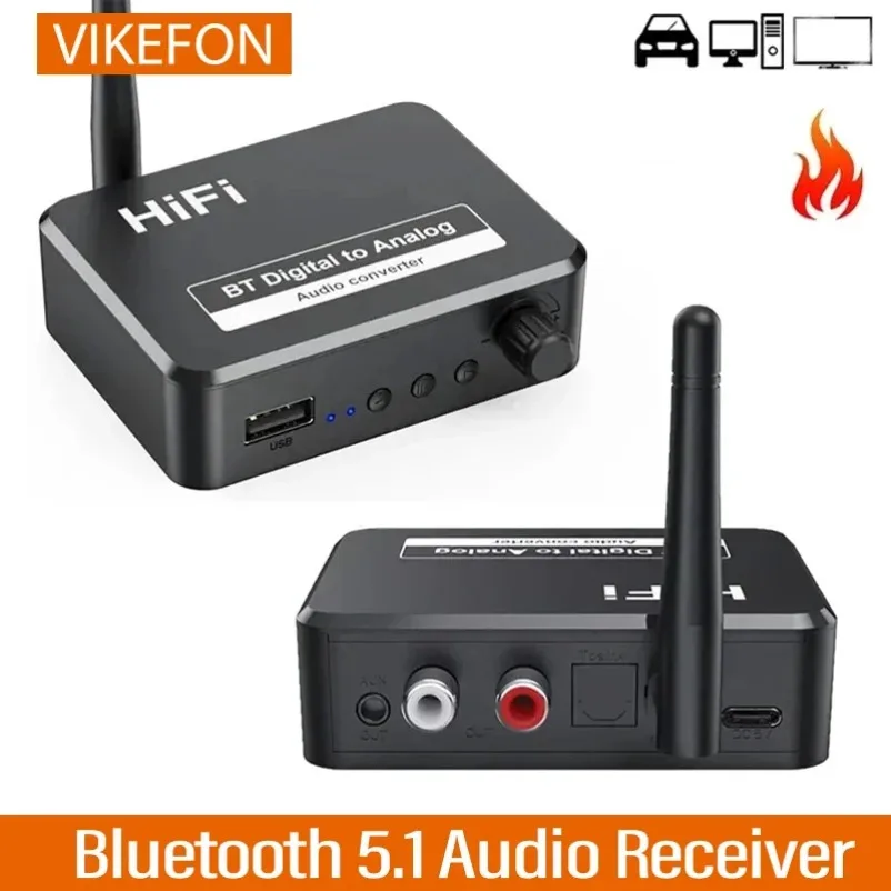 2 In1 Bluetooth 5.1 DAC Wireless Audio Receiver Converter Input U‑Disk Play 3.5mm AUX RCA HiFi Stereo Adapter For Speaker