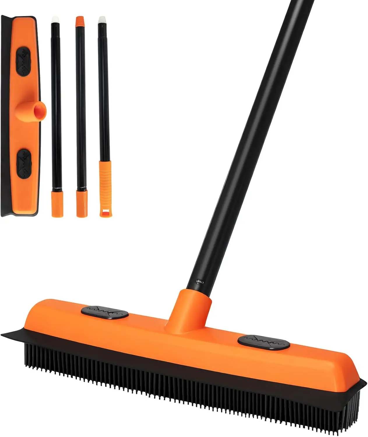 

49 Inch Rubber Broom for Pet Hair Removal, 3-Section Pole, Carpet Rake, Hardwood Floor Cleaner