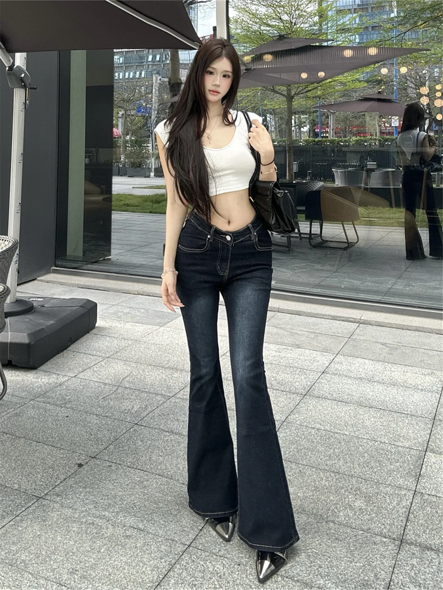 

Street Style Deep Blue Hot Girl Low Waist Flared Jeans Women's Spring V Waist Slimming Floor-Length Pants Casual Cotton