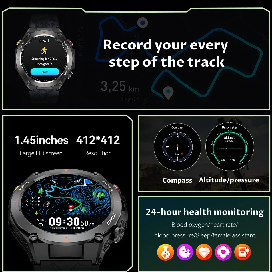 New Outdoor AI Voice Smart Watch GPS Movement Trajectory 1.45-inch Screen 1ATM Waterproof Watch BT Call Suitable for Android IOS