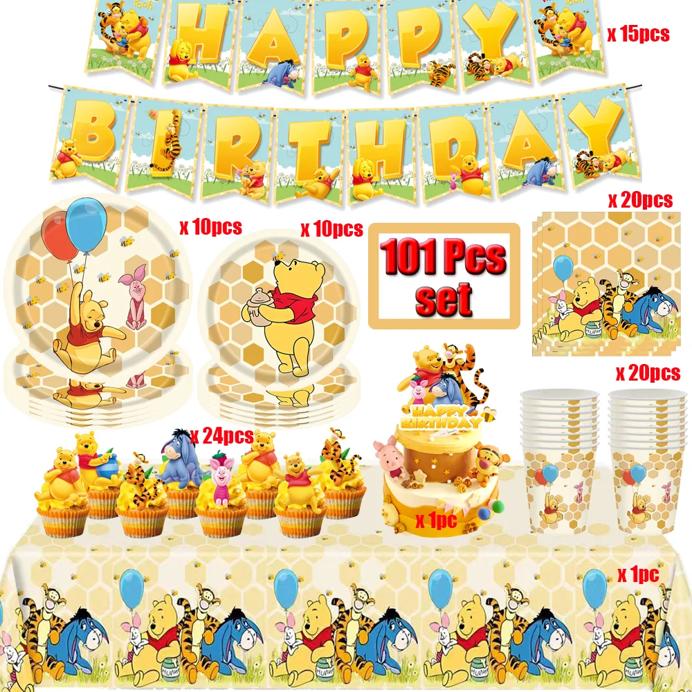 

101Pcs Disney Winnie the Pooh Birthday Party Decoration Tableware Set Cups Plates Napkin Pooh Tablecloth Kids Party Supplies