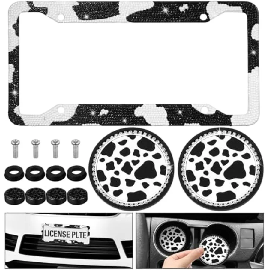 

3 Pcs Sparkly Car Accessories with Rhinestone License Plate Frame and 2 Pcs Bling Anti Slip Cup Holder for Women Girly Glitter