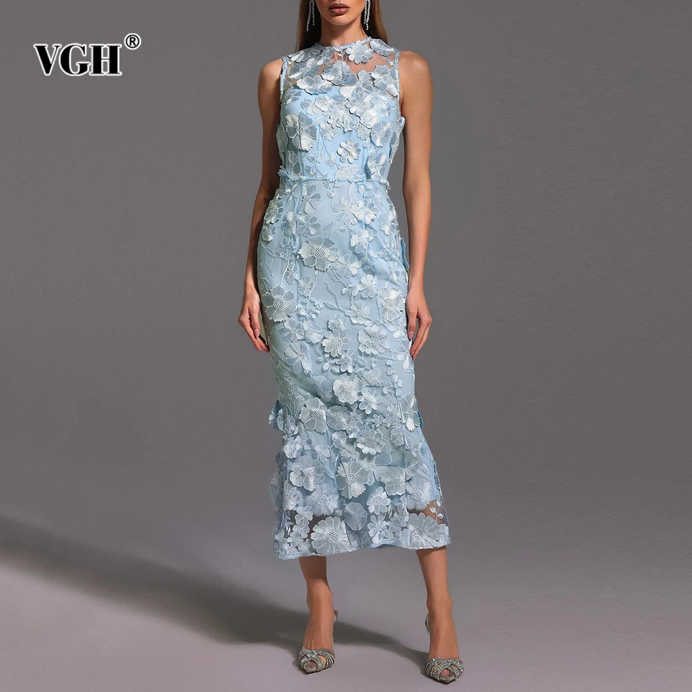 

VGH Elegant Slimming Solid Spliced Appliques Dresses For Women Round Neck Sleeveless High Waist Temperament Dress Female Style