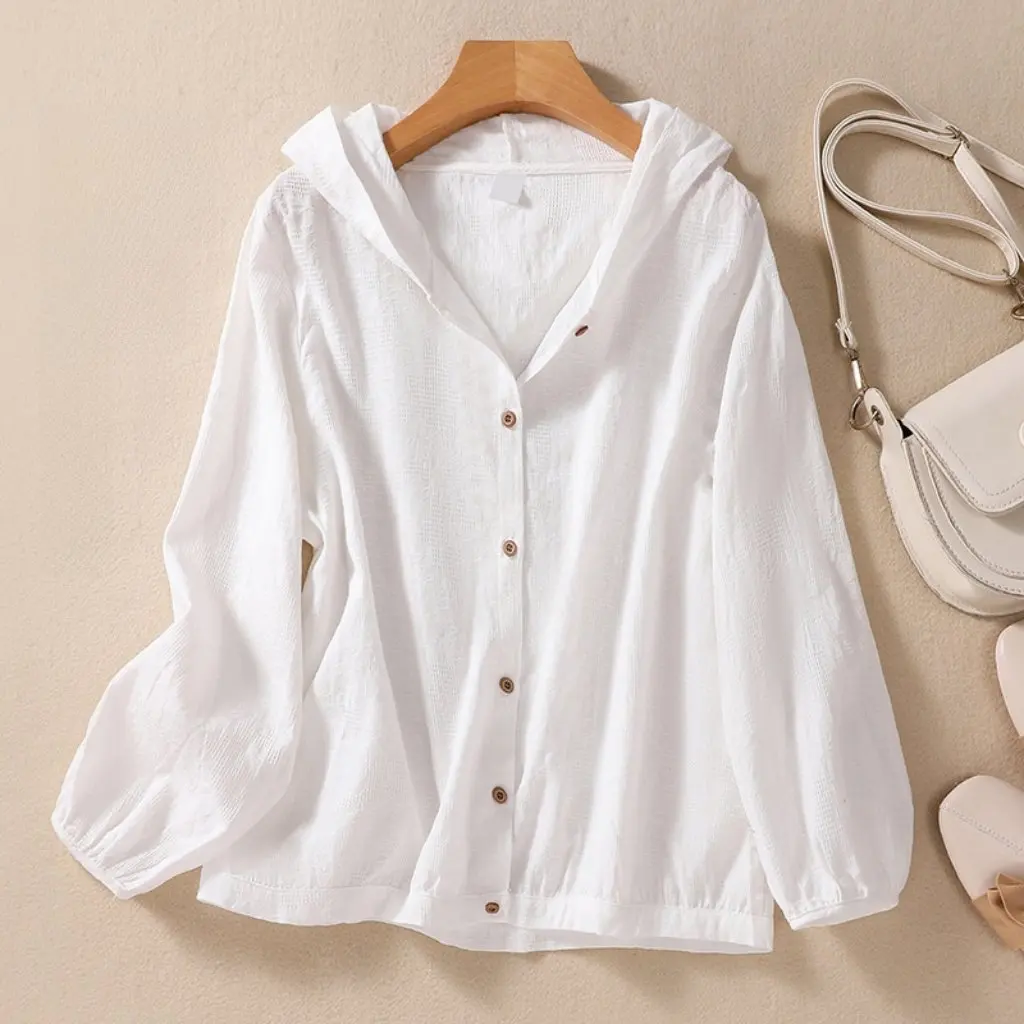 

New Artistic Cotton Linen Jacquard Embroidery Hooded Cardigan Loose Casual Long Sleeve Top for Women All-Match