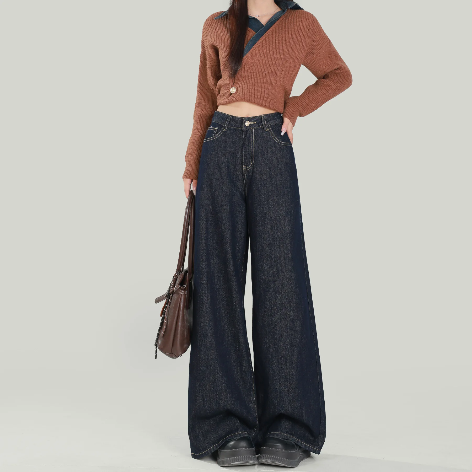 

High Waist Wide Leg American Blue Denim Jeans Women's Loose Lazy Draping Casual Floor-Length Straight Leg Pants