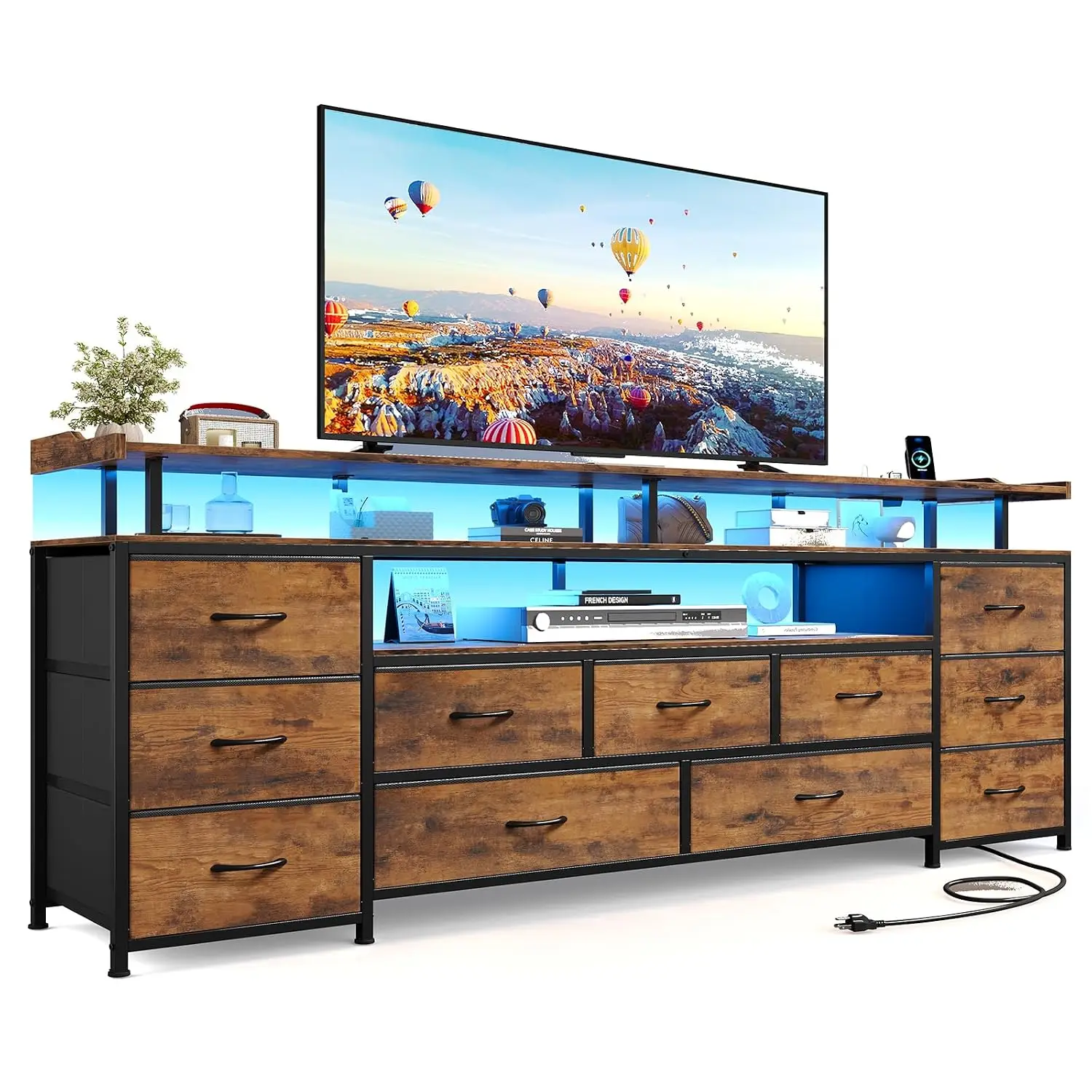 ADORNEVE TV Stand 65 Inch 63" W Dresser Rustic Brown Entertainment Center LED Lights & Charging Station 11 Fabric Drawers Open S