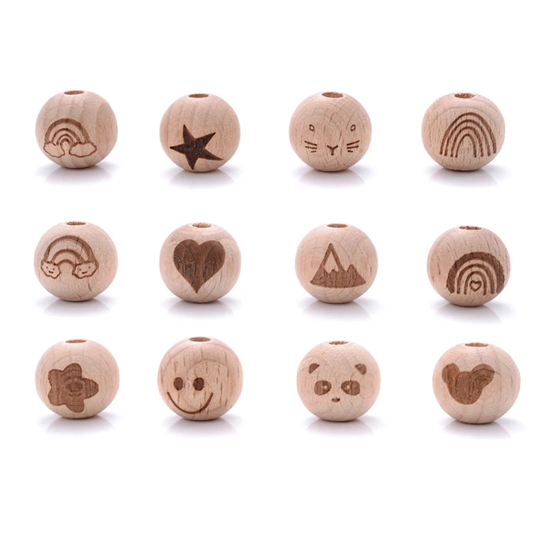 16mm 10Pcs Beech Beads Wooden Teether Rainbow Animal Two-sided Printed Round Teether Beads for Pacifier Teething Necklace Chain