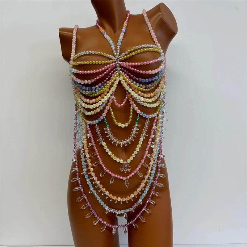 Damen-Oberteile Perlenbesetztes Bralette Festival-Weste Club-Bikini-BH-Top Perlen-Bustier Strandkleidung Lingerie Damen-Rave-Kleidung Tanktops – Detail 9