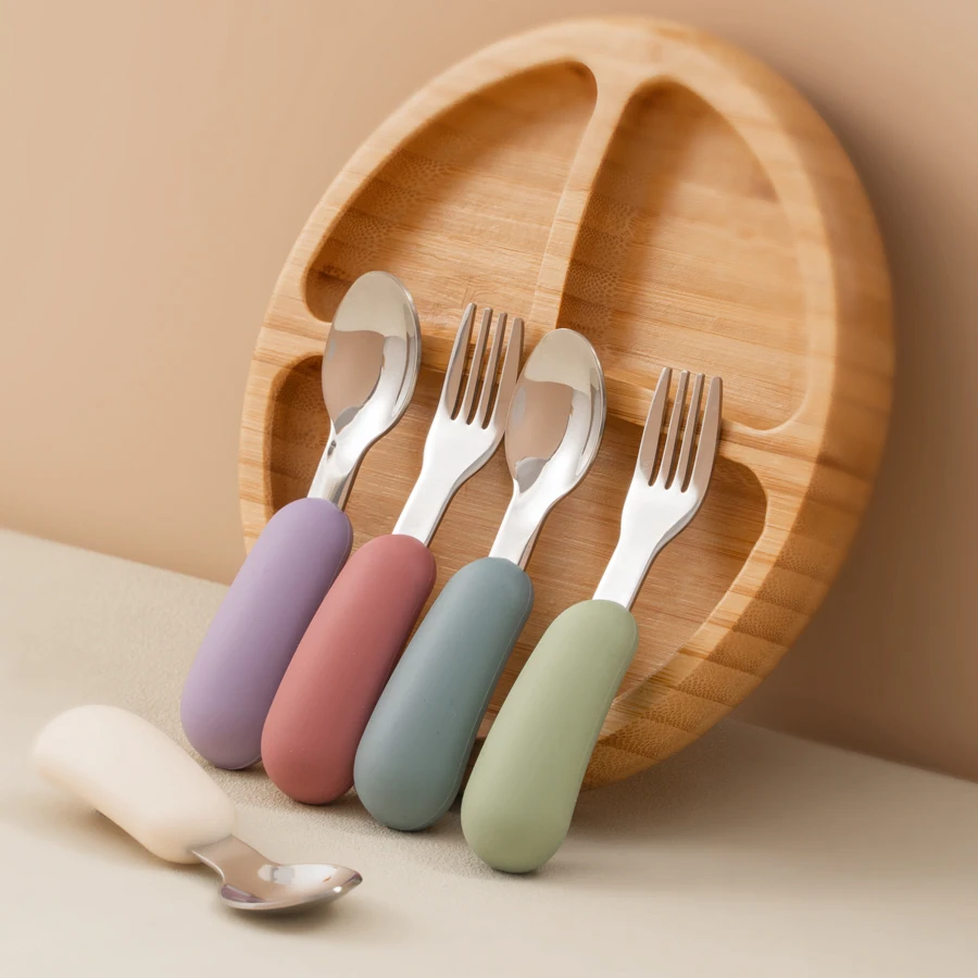 2PCS Baby Silicone Stainless Steel Fork Spoon Portable Baby Tableware Feeding Training Baby Utensils Solid Color Baby Stuff