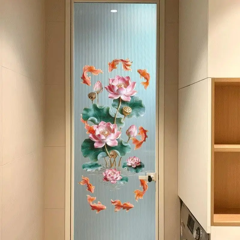 1 Pair Chinese Style Goldfish Lotus Wall Sticker 3D Effect Plastic Glass Door Decal Anti Static Flower Koi Sticker Supply