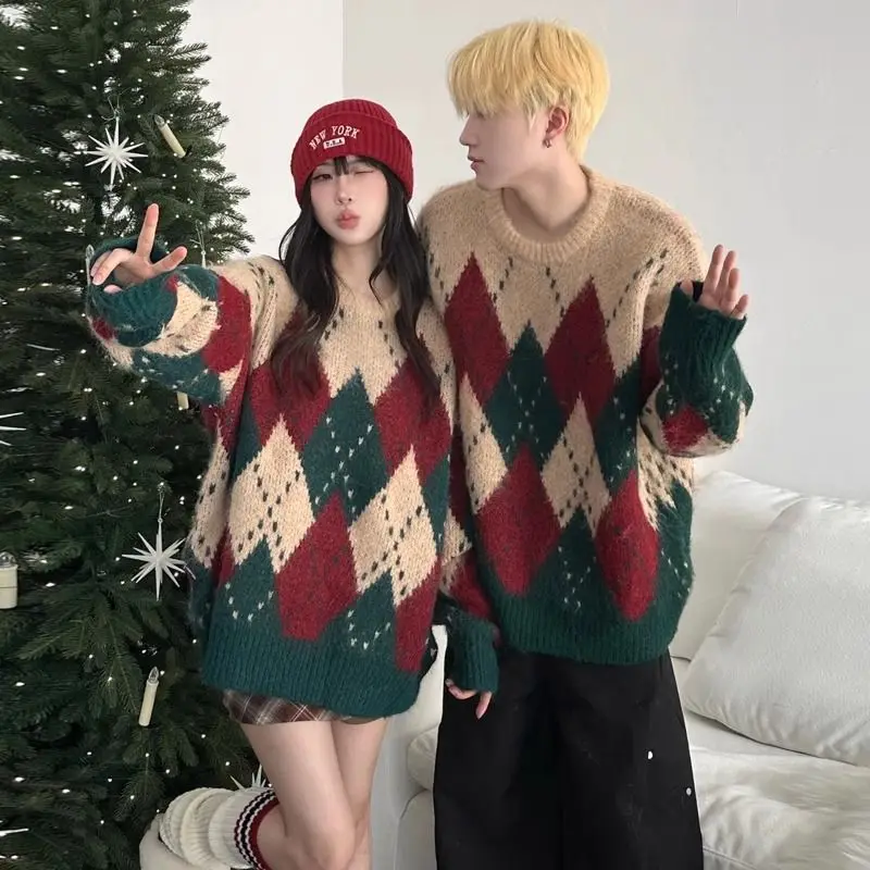 

Retro Diamond Patterned Christmas Couple's Sweater Women's Knitted Outerwear Autumn Casual Top Female Loose Knit Pullover Tops