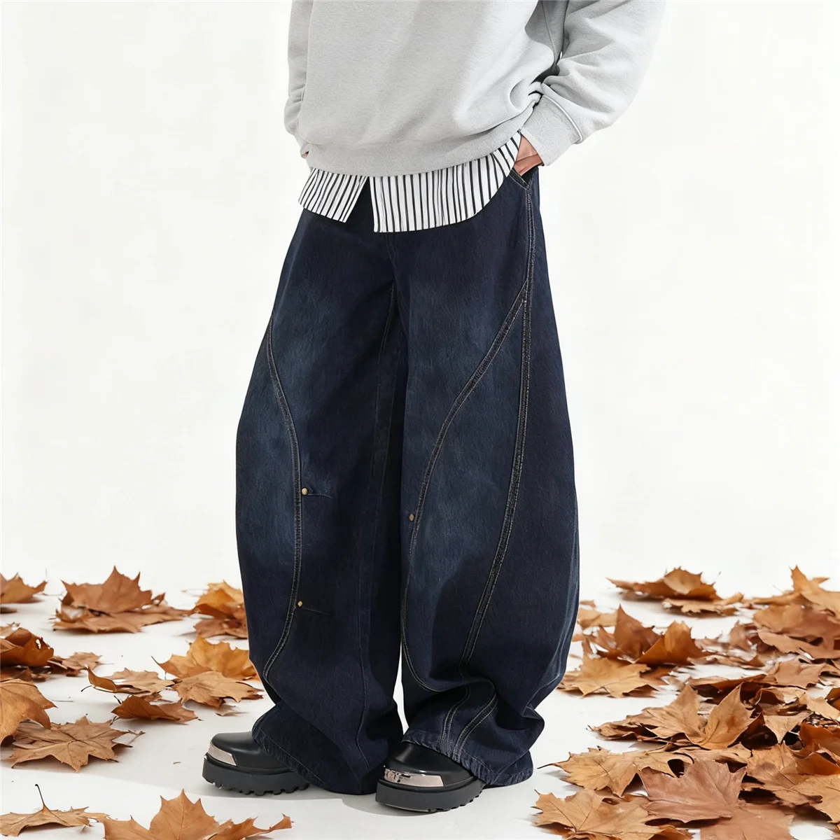 Мужские джинсы в американском стиле ретро, синие свободные широкие брюки-мачете, унисекс, мешковатые прямые брюки с серпом, джинсовые деконструированные брюки из воздушного шара