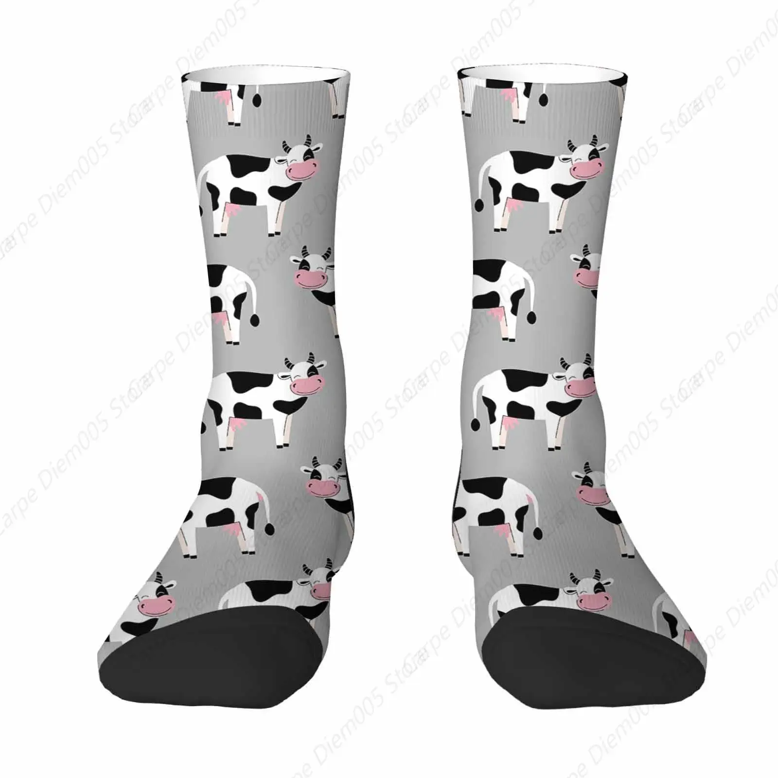 Milk Cow Funny Socks Cute Farm Animals Grey Novelty Casual Crew Socks Contrast Color Design For Women Men Gift