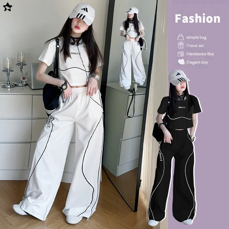 

Teenager Girls Hip hop Jazz Street Dance Clothes Set Cotton Short T-shirt+Casual Sport Pants 2pcs Junior Kid Suit Child Outfits