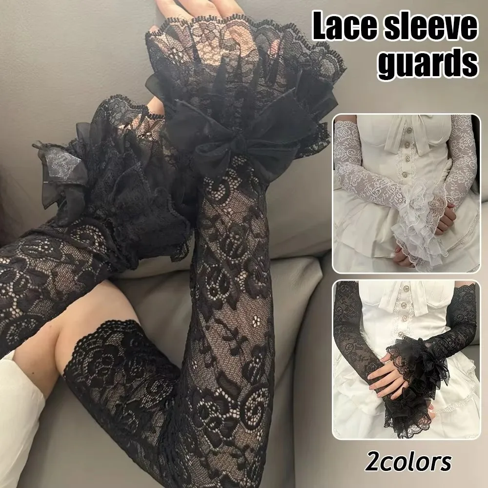 

Hollow Out Lace Fingerless Gloves Bowknot Ruffle Trim Lace Arm Sleeves Elastic Yarn Elegant Floral Bridal Wrist Gloves