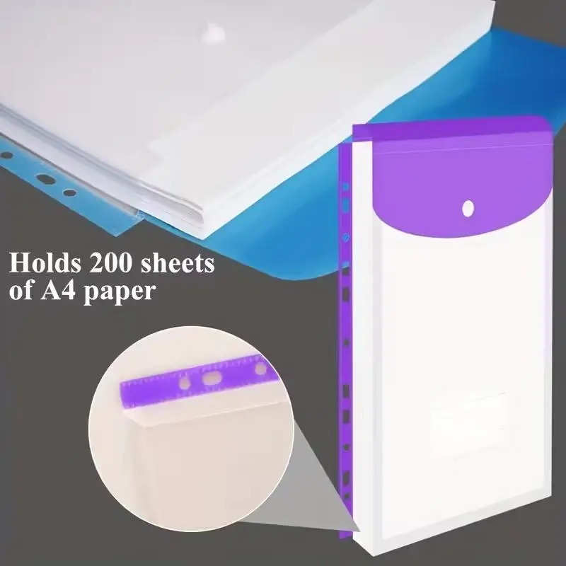 6/12pcs PP Envelope With Adhesive Holes File Folder Expansion Bag For 2/3/4 Ring File Bag A4 File Bag School Office Colorful