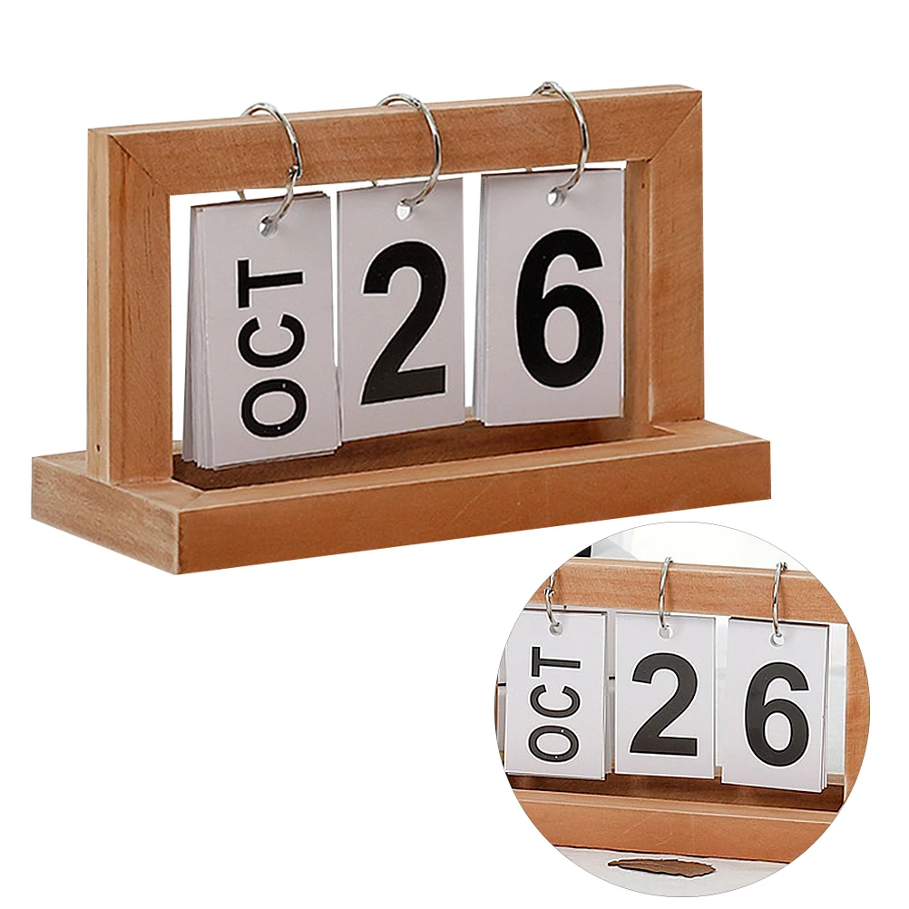 Calendário flip de madeira original, display manual de data, decoração de mesa de madeira diy para escritório doméstico, produto de impressão cáqui