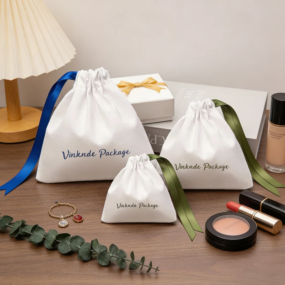 

50/100Pcs Luxury Cotton Drawstring Bags 8x10cm White Gift Pouches with Satin Ribbon Custom Logo Reusable Jewelry Cosmetic Bag