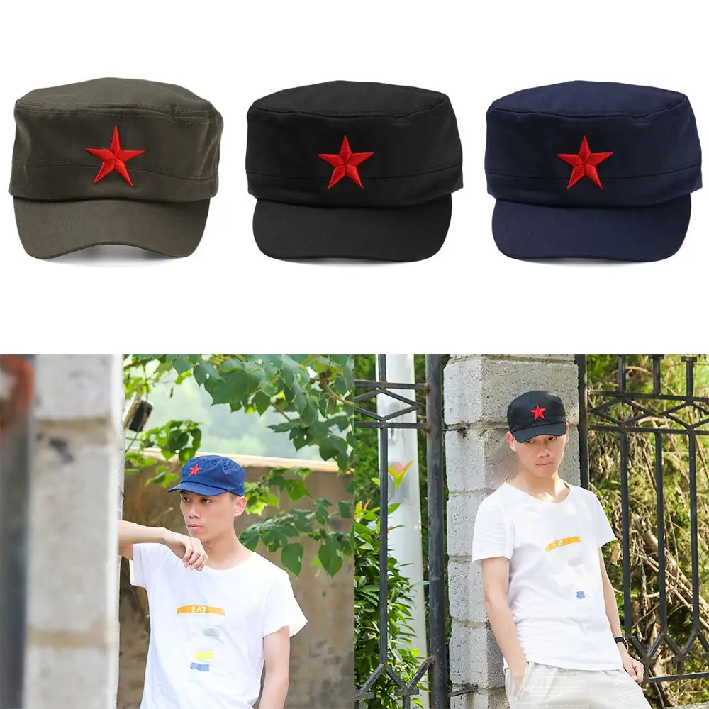 Fashion Unisex Classic Cotton Army Hat Sun Hats Plain Cap Red Star