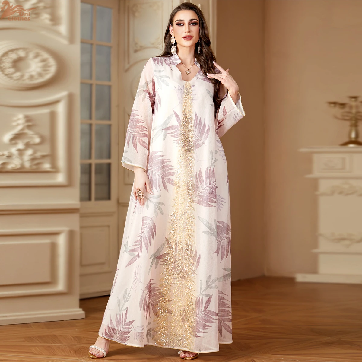 

Унисульманское элегантное женское вечернее платье в Дубае с цветочным принтом и бисером, абайи, сетчатый рукав