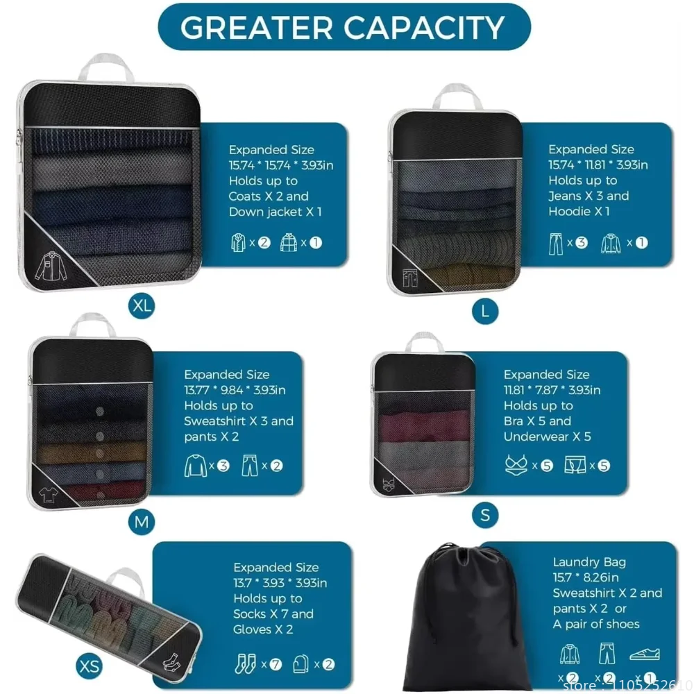 6Pcs Travel Compressed Packing Cubes Storage Organizer Set With Shoe Bag Mesh Visual Luggage Portable Lightweight Suitcase Bag