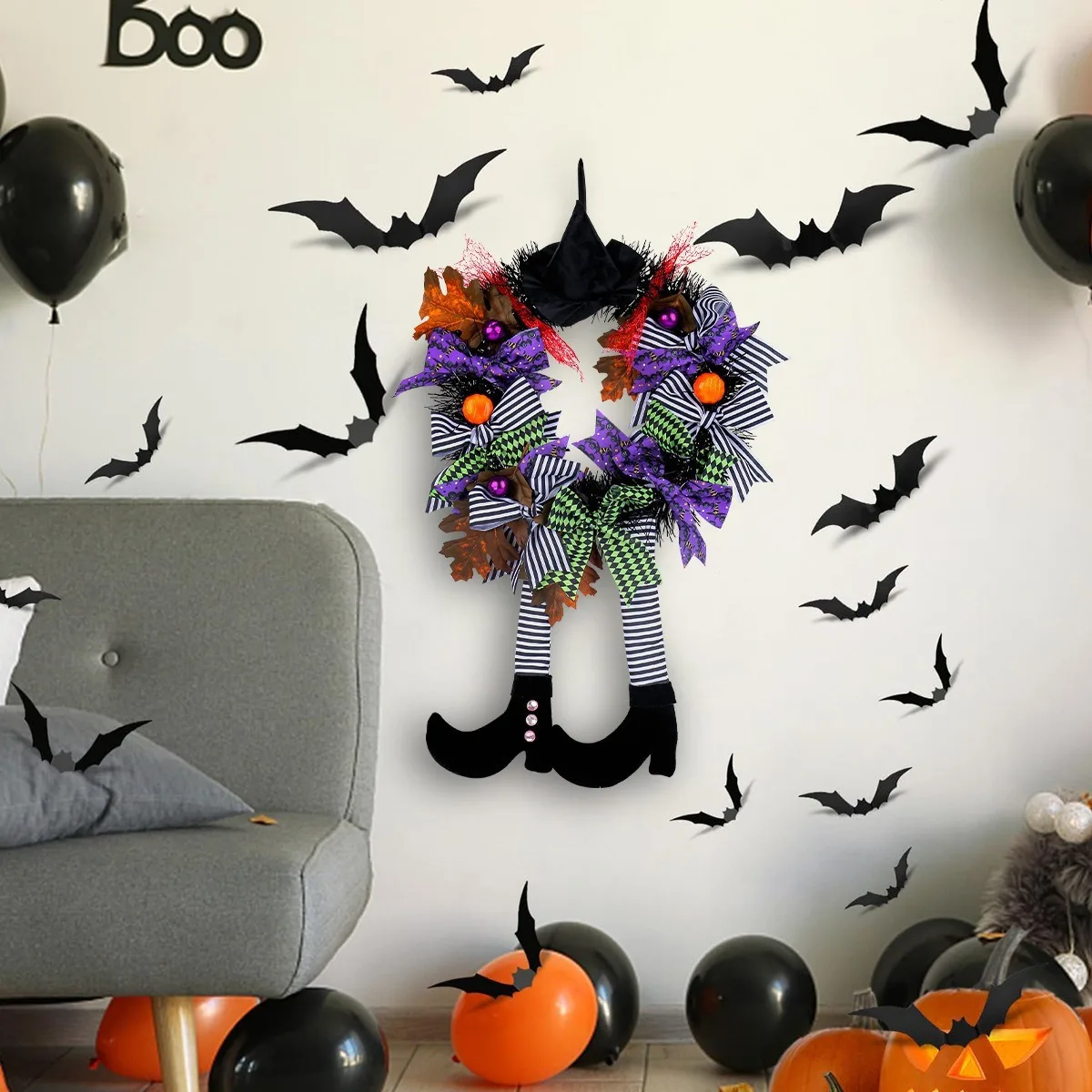 Halloween Wreath for Front Door, 27.55in Halloween Witch Wreath Black Wreath with Hat Witches Legs Pumpkin Halloween Door Wreath