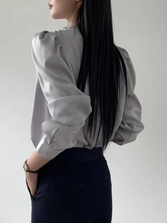 Ele Spring Bubble Sve Satin Loose Women's irt Chic Pleated Design Stand Collar Versatile Faionable Commute Sle