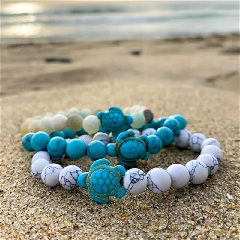 

mens beach bracelet Sea Turtle Beaded Bracelets Bohemian Turquoise Natural Stone Elastic Friendship Summer Beach Jewelry For Wom