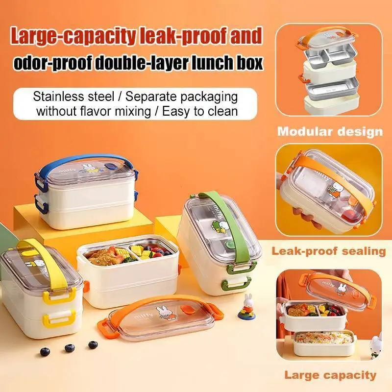 Double-layer 304 stainless steel lunch box insulation adult students with lunch lunch box bento box portable carry handle