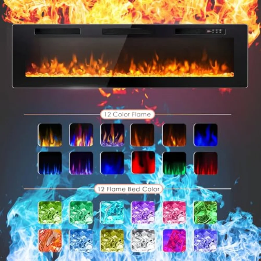 72 inch Electric Fireplace Recessed Wall Mounted with Linear Design 750/1500W Heater Touch Screen Control Timer Remote Control