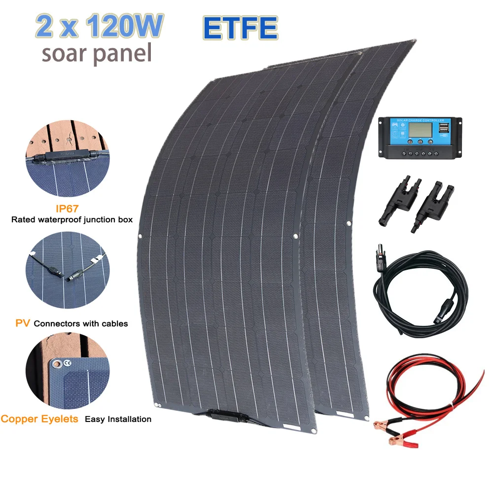 

Solar panel Kit 240W 120W ETFE Solar Panels 1 OR 2X120W Flexible Monocrystalline Cell High-efficiency 12V 24V Battery Charger