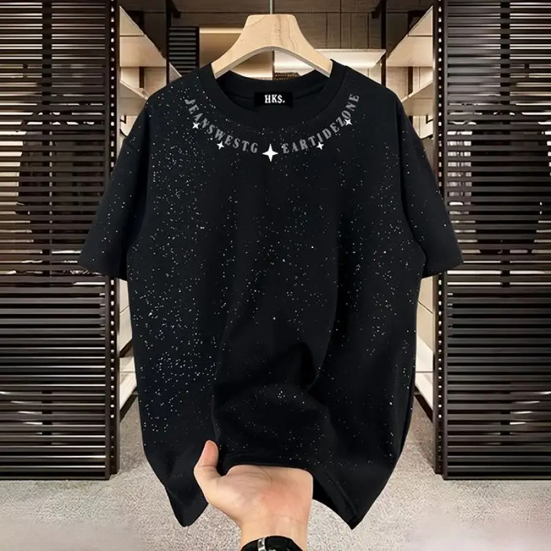 2024 New Summer Fashion Trend Creative Personality Round Neck Full Sky Star Print Loose Leisure Oversized Short Sleeve T-shirt