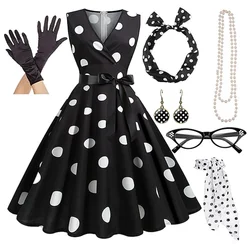 Women's Rockabilly Dress Polka Dots Swing Flare Dress with Accessories Set Earrings Necklace Headband Glasses Gloves Dress