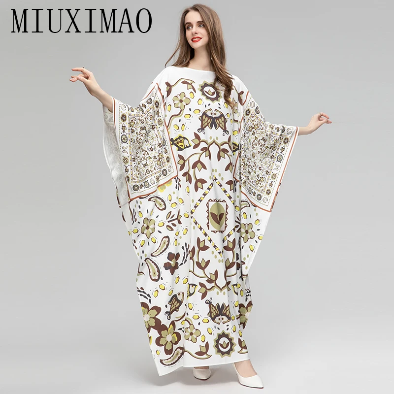 

MIUXIMAO 2023 Plus Size Dress O-neck Batwing Sleeve Maxi Dress Women Leaf Flower Print New Fashion Kaftan Dress