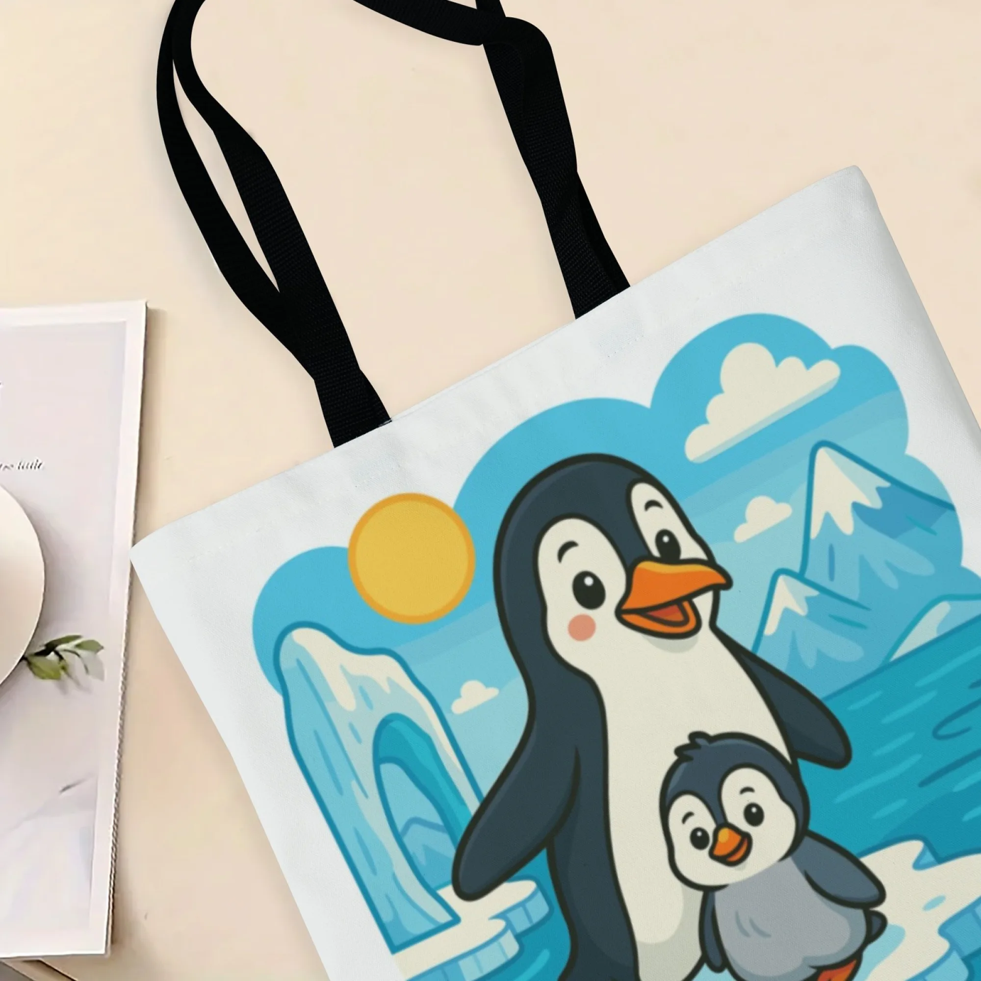 韓国風 カワイイ 居心地の良い 暖かい ペンギンファミリー トレンド キャンバストートバッグ ファッション 再利用可能なハンドバッグ キュートな毎日の通勤やスイートなシーンに