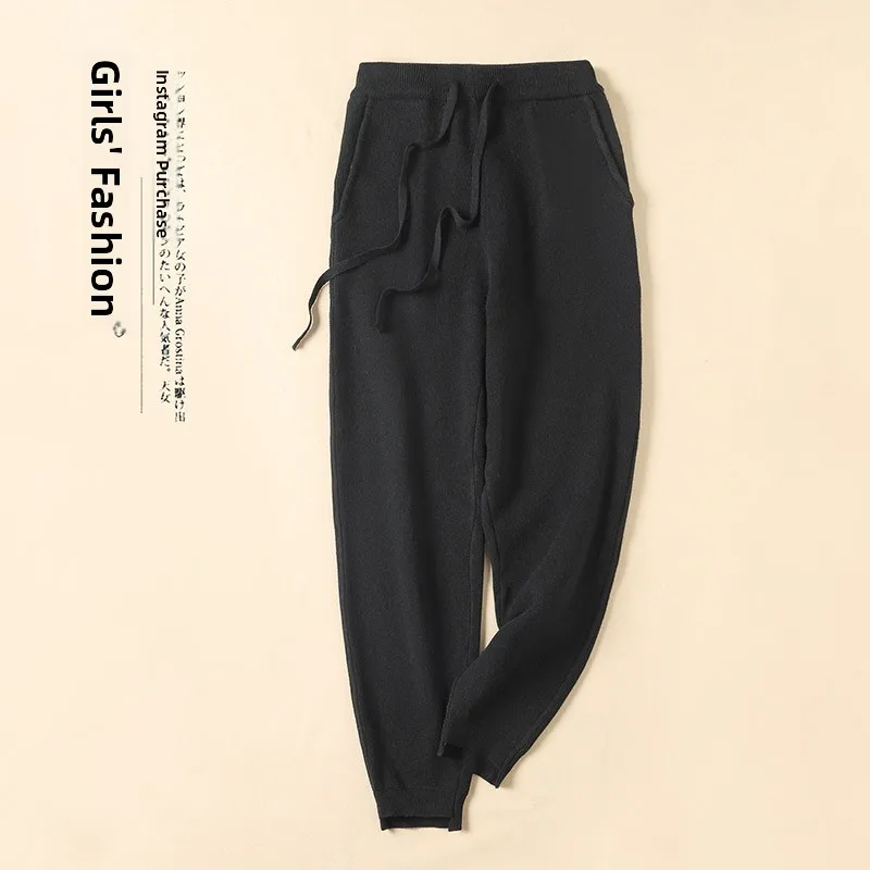 Pantalon sarouel tricoté pour femmes, taille haute, amincissant, chaud, avec cordon drapé, pantalon Long décontracté