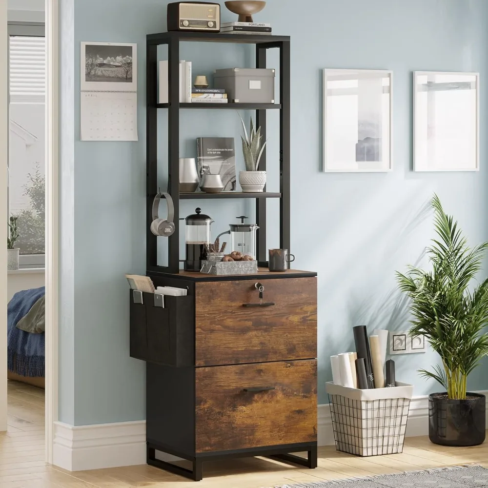 2 Drawer File Cabinet with Lock, Fits Letter, Legal, A4 Size, Hanging File Folders, Adjustable Storage Shelf and Hook, Rustic B