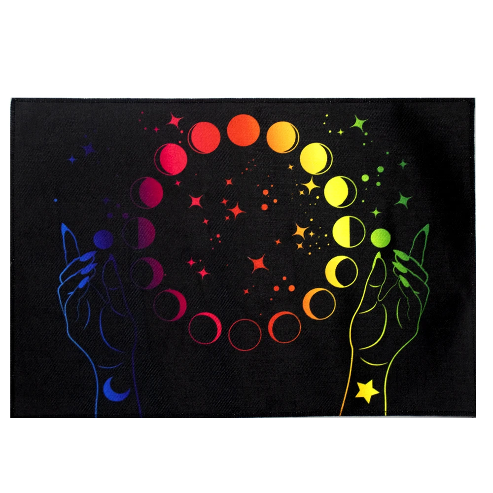 Mystical Moon Phases And Woman Hands, Colorful Spectrum Pagan Wiccan Goddess Symbol Witchcraft Altar Cloth Guidance Divination