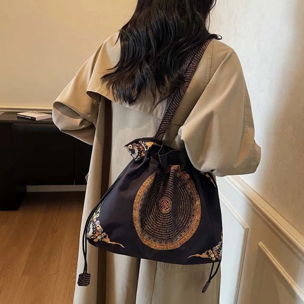 القطن Hanfu الأربطة حقيبة زهرة الأحرف الصينية المطبوعة الكتف الحقيبة العرقية نمط الرجعية التطريز حقيبة يد يوميا