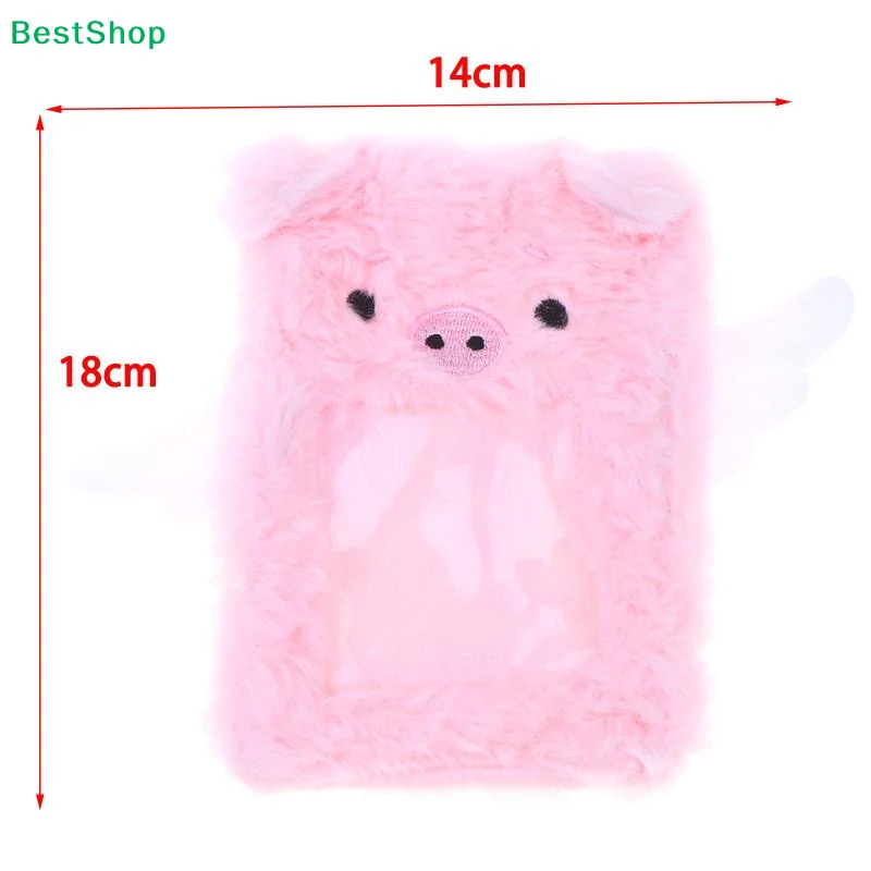 〔Q〕Pink Cute Angel Key Rings Pig Plush Card Holder 3 Inch Kawaii Fuzzy PVC Window ID Transit Card Case